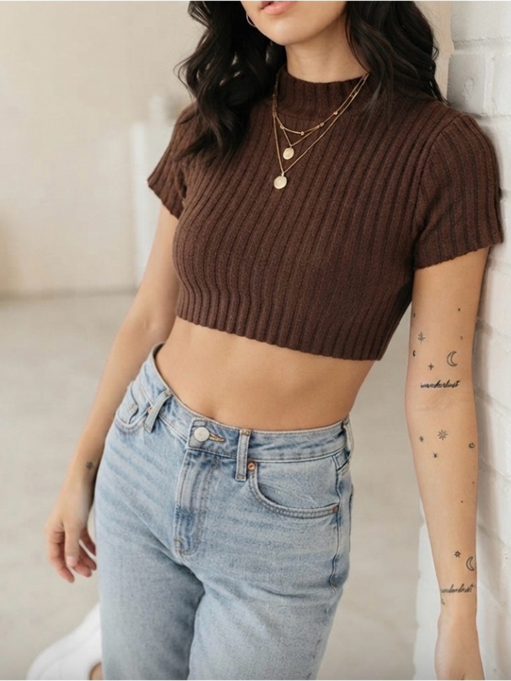 Vintage Rosemary Dans Brown Ribbed Mock Neck Crop Top Sz XS 90s minimalist